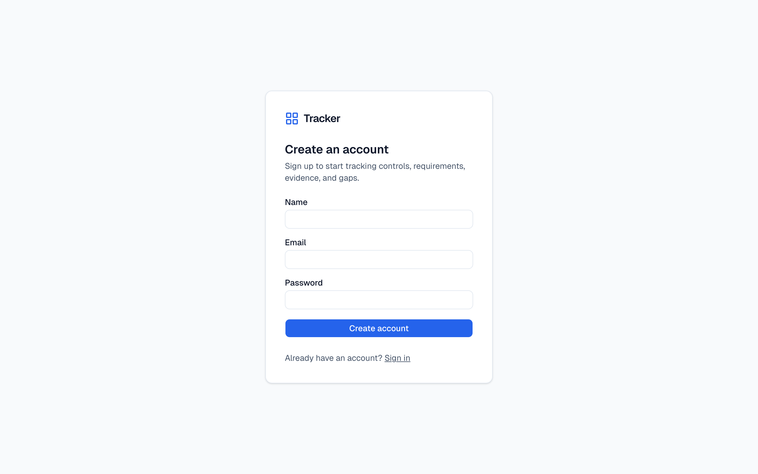 Tracker signup form with name, email, and password fields