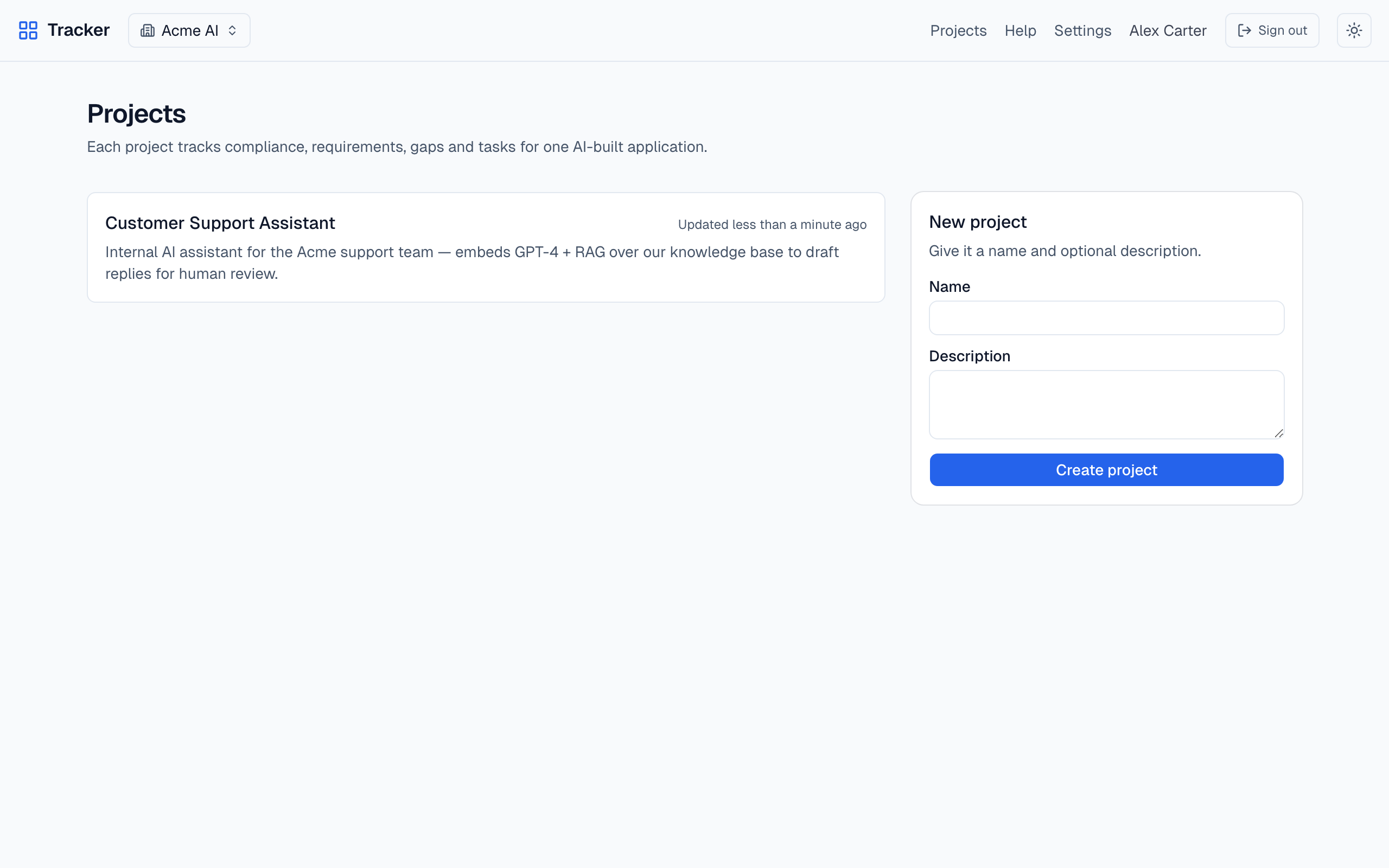 Projects list with an existing project card on the left and a 'New project' form on the right