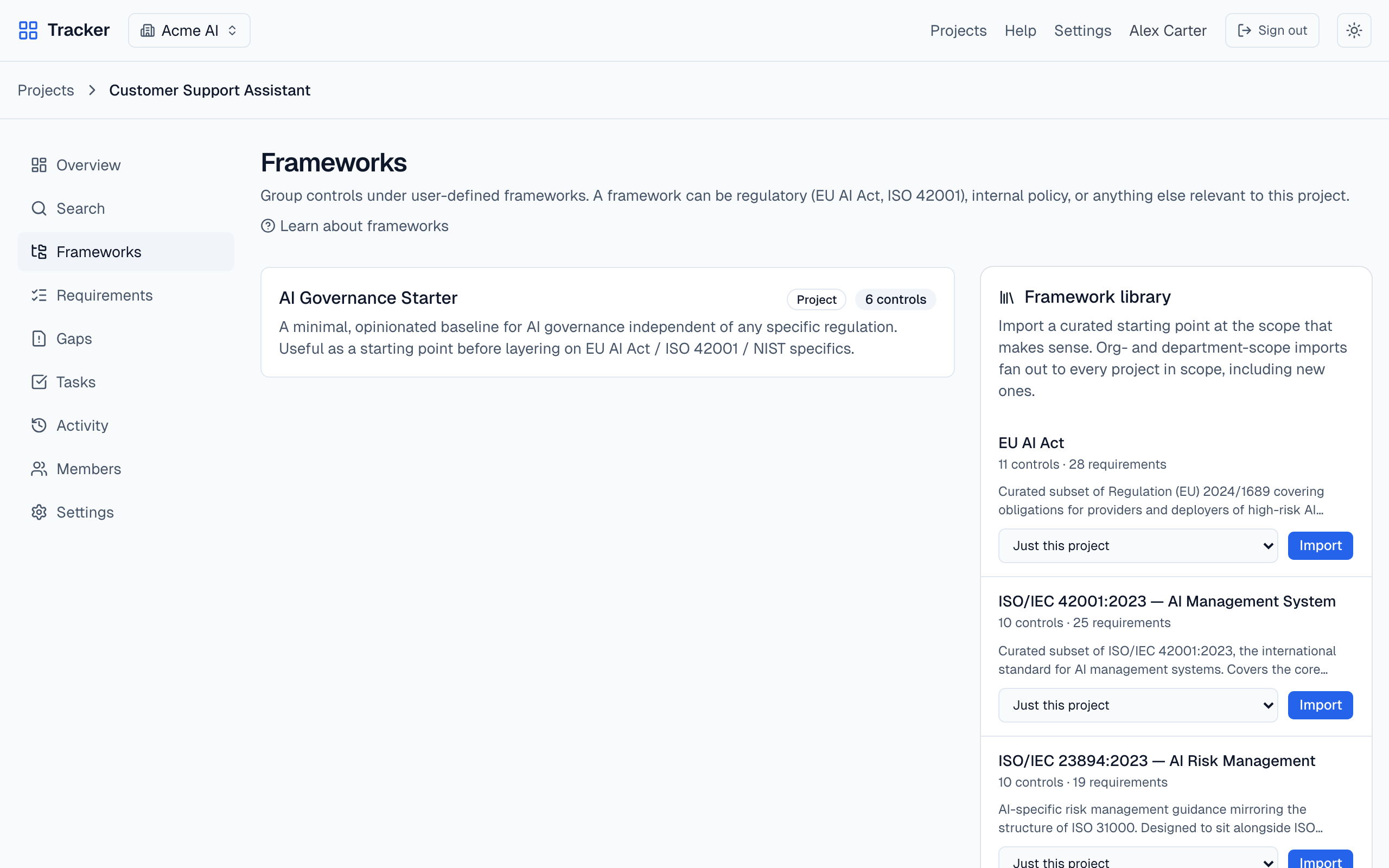 Frameworks page showing an imported AI Governance Starter pack on the left and the framework library on the right