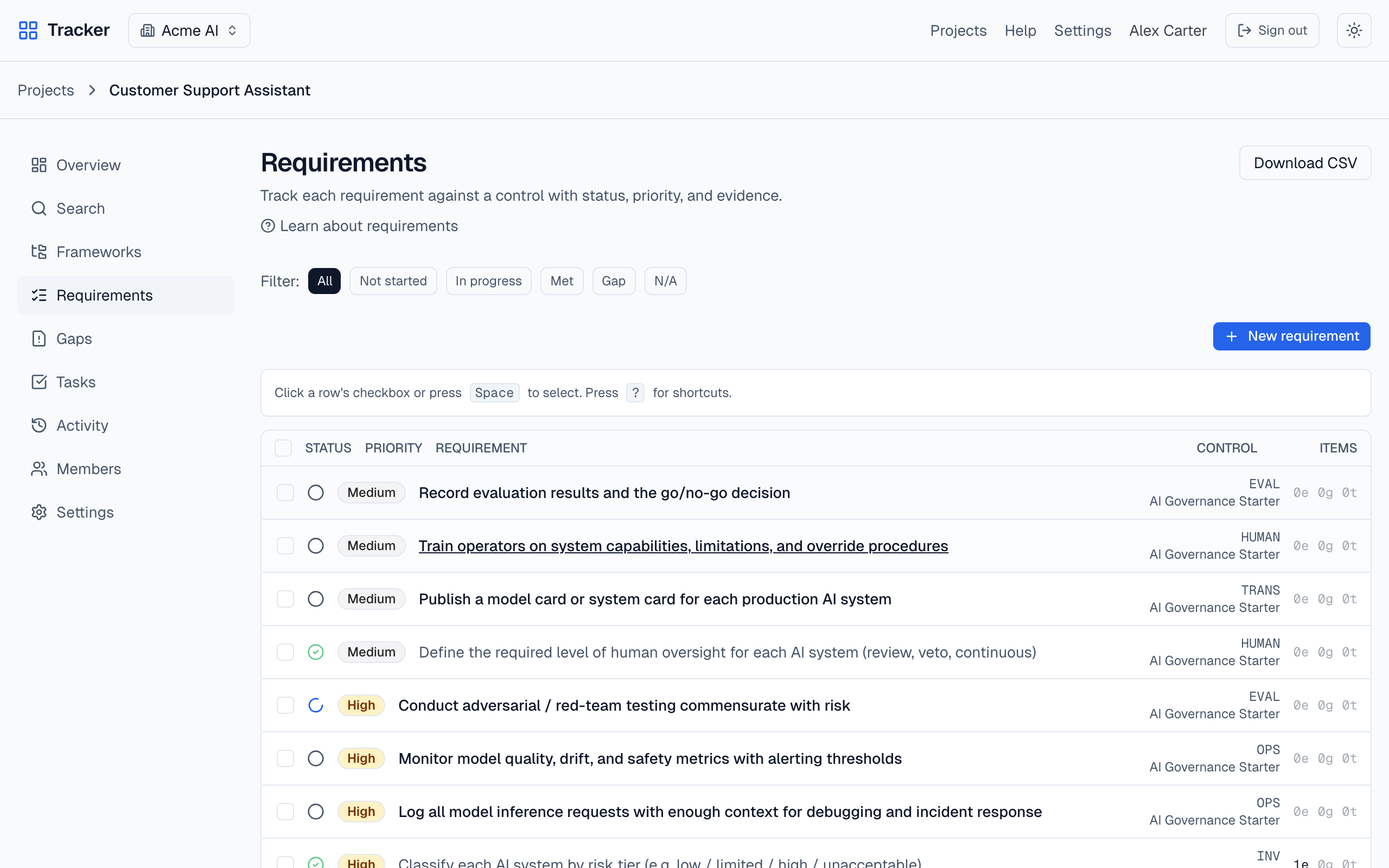 Requirements list populated by the imported pack, with status and priority chips on each row