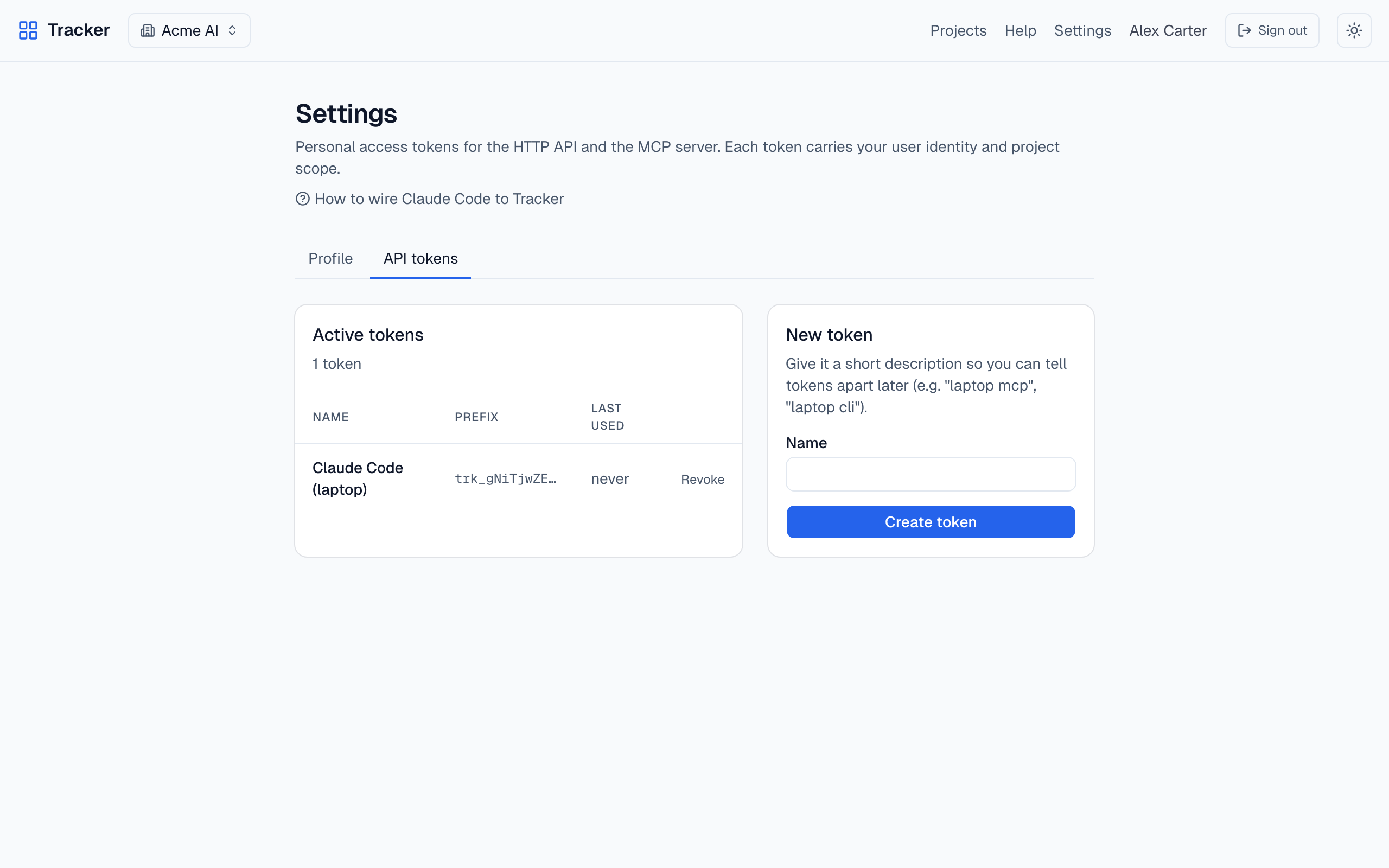 API tokens page in Settings with one active token shown by name and prefix